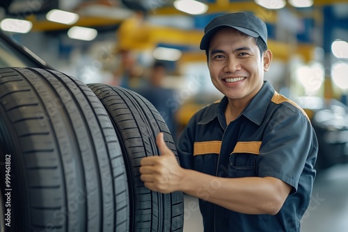 A cheerful mechanic stands with tires, showcasing expertise and service in an automotive workshop environment. photo