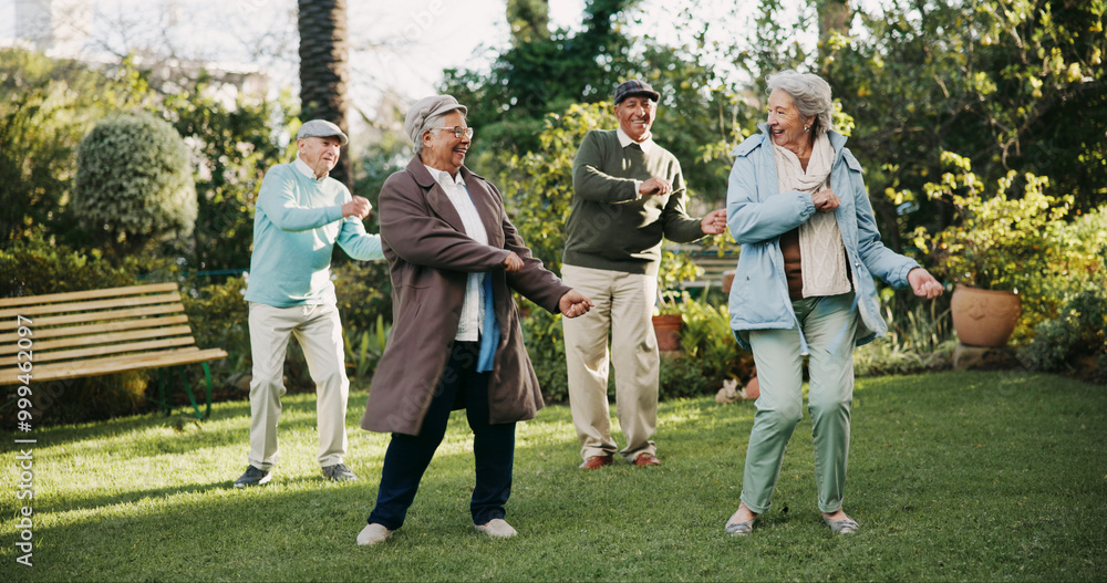 Happy, senior people and dancing outdoor for retirement activity, movement and wellness routine of community. Elderly, group and friends with support for energy, celebration and carefree fun at park Happy, senior people and dancing outdoor for retirement activity, movement and wellness routine of community. Elderly, group and friends with support for energy, celebration and carefree fun at park