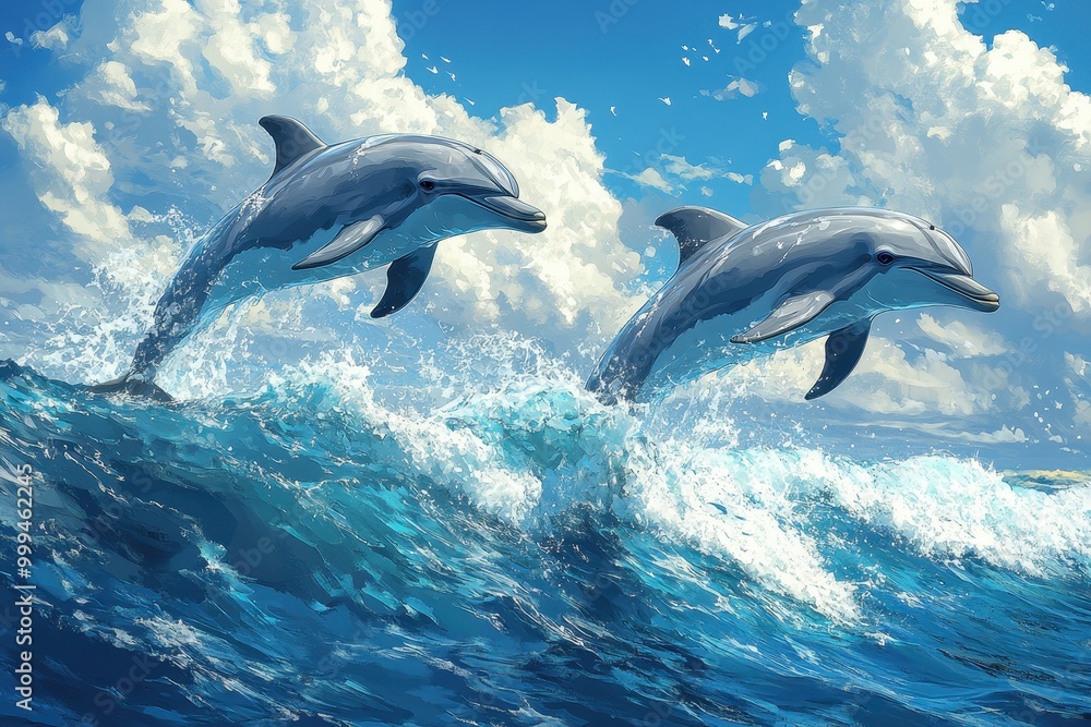 Fototapeta premium Delinquent Dolphins Jumping Over Waves in the Blue Ocean