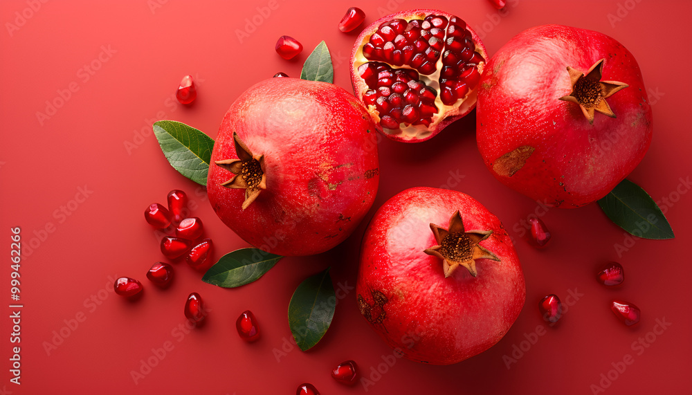 Ripe pomegranate on color background, top view Ripe pomegranate on color background, top view