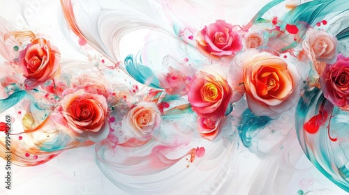 Mesmerizing swirling roses in vibrant hues create intricate trails on a white backdrop, forming a captivating abstract floral design