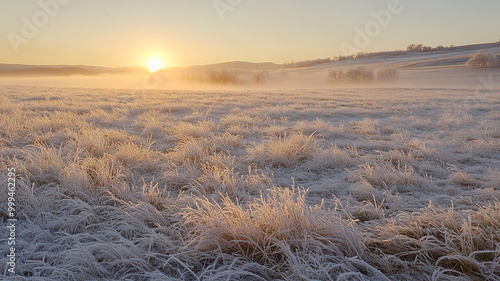 Frosty Trees Silhouettes Against Sunrise