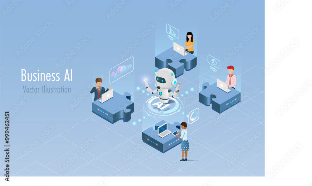 © Kate3155 - AI technology in business workflow. AI robot assist businessman team working and analyzing data with smart solution on connected jigsaw puzzles. Smart and success business solution.