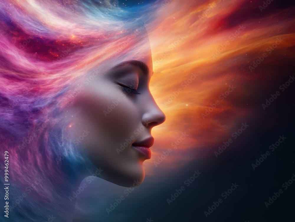 A mesmerizing portrait of a woman with vibrant, colorful hair blending into a cosmic background, evoking beauty and serenity. A mesmerizing portrait of a woman with vibrant, colorful hair blending into a cosmic background, evoking beauty and serenity.