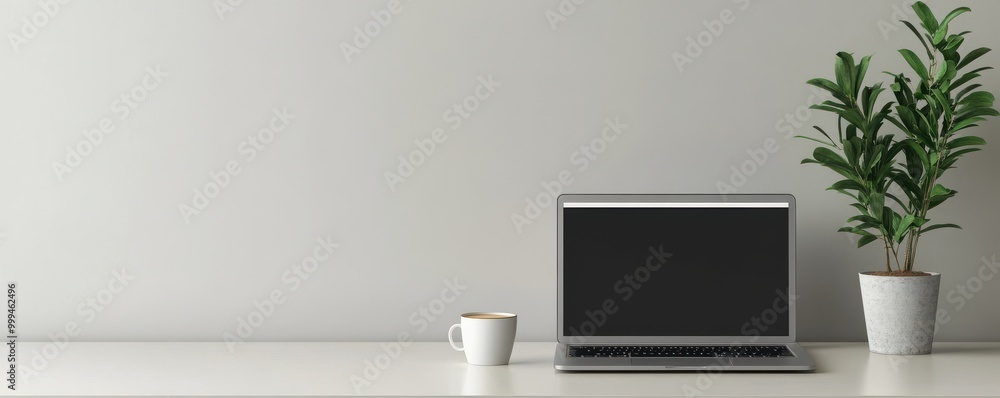 A minimalistic workspace with a laptop, coffee cup, and a potted plant on a clean desk against a light gray wall. A minimalistic workspace with a laptop, coffee cup, and a potted plant on a clean desk against a light gray wall.