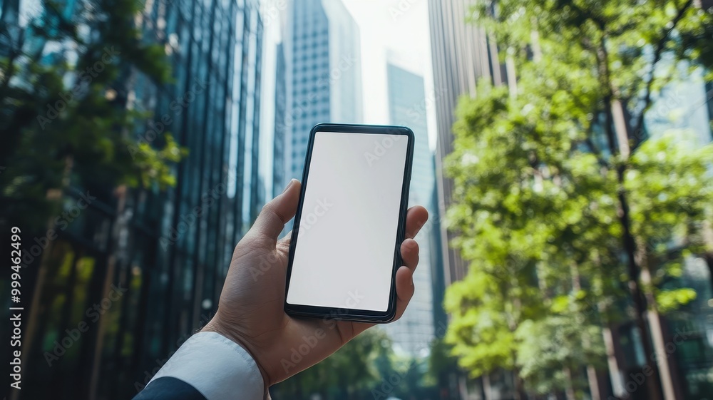 Businessman holding cell phone with Skyscrapers and blue sky and Eco-friendly building in the modern city,Office building with green environment,social media, mobile application,chatting,copy space. Businessman holding cell phone with Skyscrapers and blue sky and Eco-friendly building in the modern city,Office building with green environment,social media, mobile application,chatting,copy space.