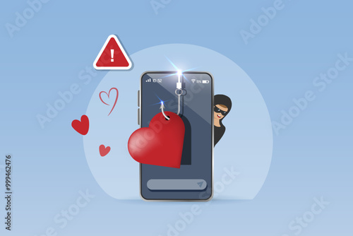 Romance scam, online dating phishing scam. Scammer with phishing hooks on women heart, fraud chatting on victim woman. Cyber crime, vector.