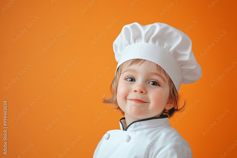 Cute child in a chef uniform with a big smile and white hat, perfect for culinary themes and children's cooking activities. Cute child in a chef uniform with a big smile and white hat, perfect for culinary themes and children's cooking activities.
