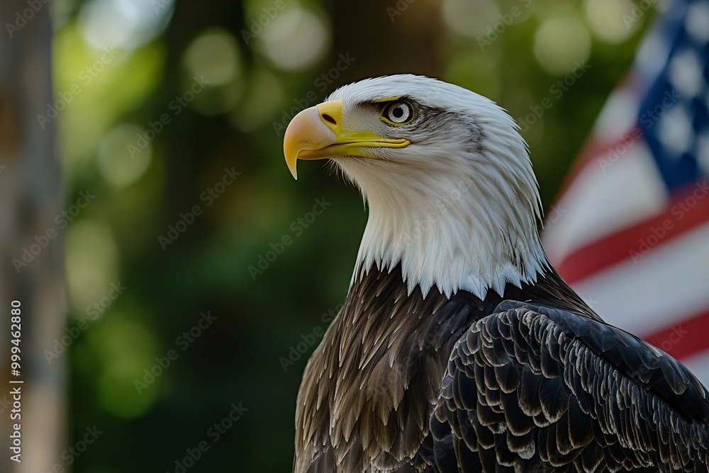 Obraz premium Majestic bald eagle perched gracefully, showcasing its striking features against a blurred background, embodying strength and freedom.