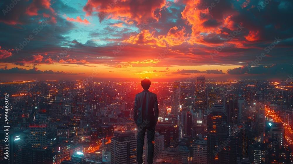 Fototapeta premium A man stands on a rooftop looking out over a city at a sunset