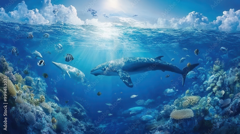 Fototapeta premium Modern Building office or city town is submerged the ocean sea and fish,global warming and rising sea level,Global warming,sinking globe,melting iceberg,environmental,Climate change concept.
