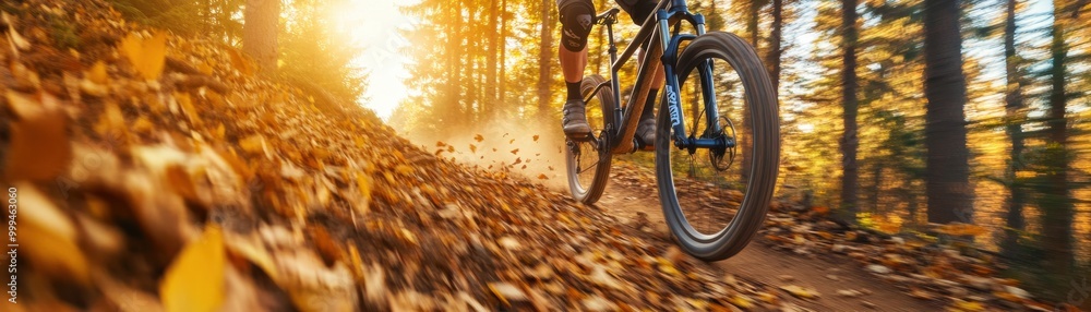 Naklejka premium A mountain biker rides through a scenic forest trail filled with colorful autumn leaves and warm sunlight.