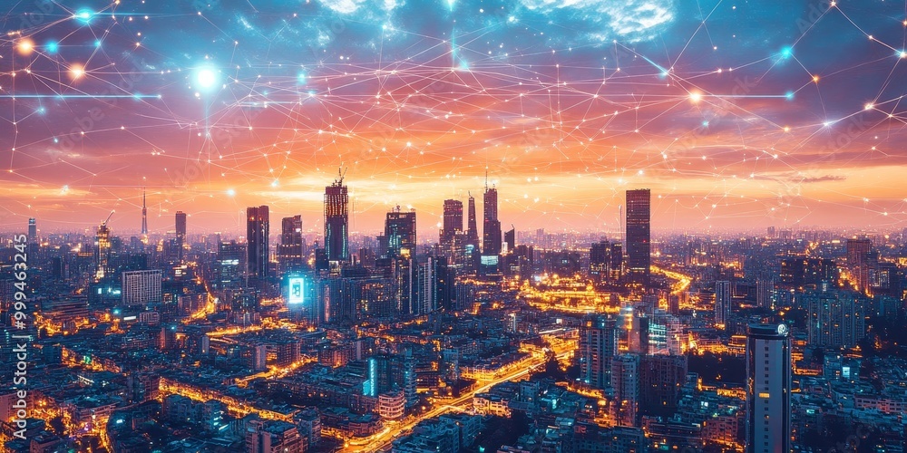 Fototapeta premium Futuristic urban landscape with advanced technology, interconnected smart systems, and glowing towers under a radiant sky.