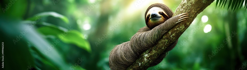 Fototapeta premium A peaceful sloth resting on a tree branch in a vibrant, lush jungle setting, showcasing the beauty of wildlife and nature.