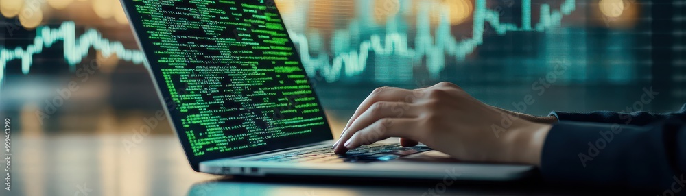 A person analyzing data on a laptop with digital graphs in the background, showcasing technology and finance. A person analyzing data on a laptop with digital graphs in the background, showcasing technology and finance.