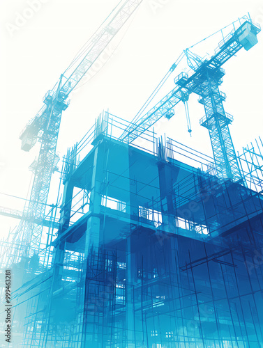An abstract image of a building under construction, with cranes towering over the skeletal framework.