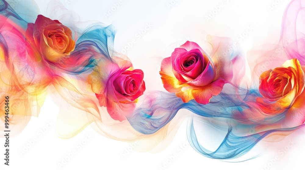 Stunning vibrant roses in swirling trails form an abstract floral design on a white background, creating a mesmerizing artistic visual Stunning vibrant roses in swirling trails form an abstract floral design on a white background, creating a mesmerizing artistic visual