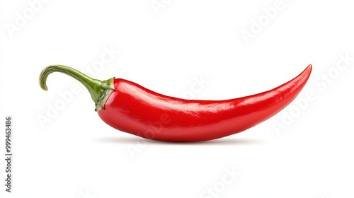 Glossy Red Thai Chili Pepper Isolated on White Background with Sharp Tip and Full Depth of Field