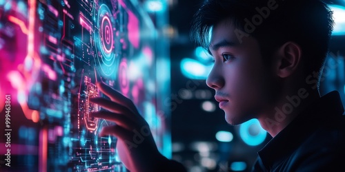 a human interacting with an AI system, showcasing glowing neon interfaces, holographic displays, and a cyberpunk aesthetic.