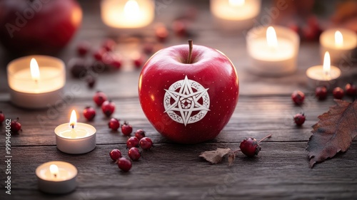 A red apple with a decorative symbol surrounded by candles and berries, creating an enchanting and mystical atmosphere.