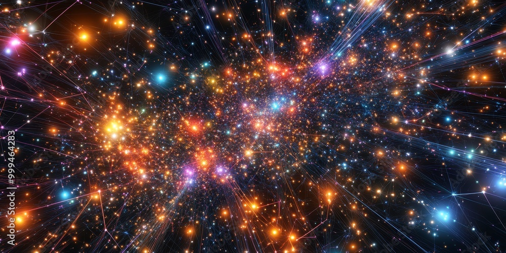 High-tech visualization of a star cluster, with radiant stars emitting digital signals and neon lines connecting them in a complex pattern. High-tech visualization of a star cluster, with radiant stars emitting digital signals and neon lines connecting them in a complex pattern.