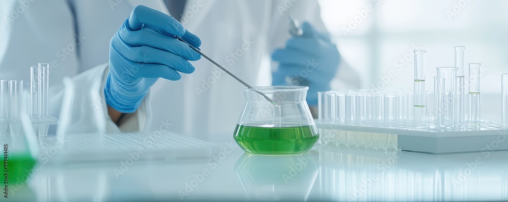 Fototapeta premium A scientist in blue gloves conducts an experiment with a green liquid in a laboratory setting, showcasing innovation and research.