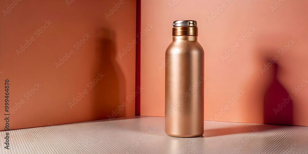 Modern water bottle centered on a monochromatic backdrop, large blank space around the product for ad copy Modern water bottle centered on a monochromatic backdrop, large blank space around the product for ad copy