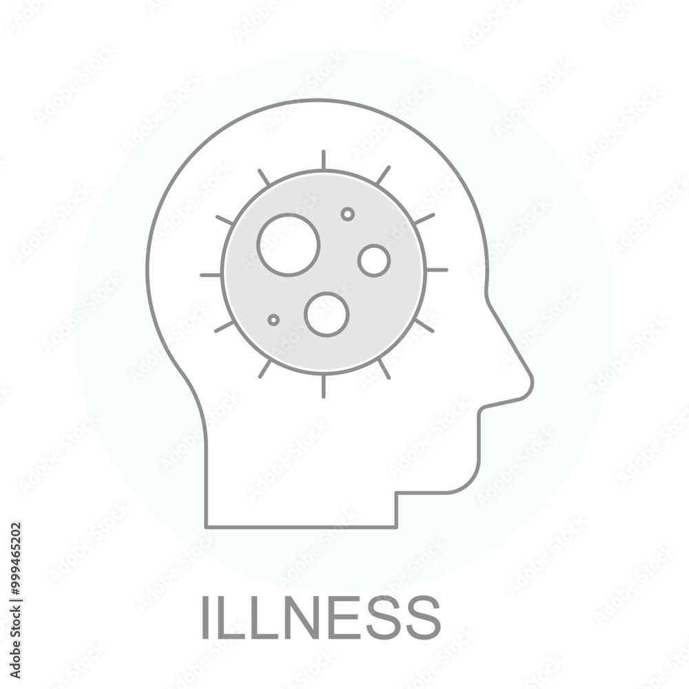 Vector icon for Illness. Human head with virus symbol representing sickness, health issues, and medical diagnosis. Vector icon for Illness. Human head with virus symbol representing sickness, health issues, and medical diagnosis.