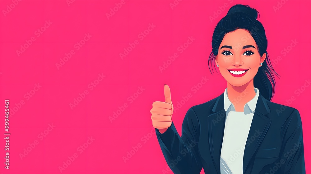 Young beautiful business woman wearing elegant jacket standing over pink isolated background smiling with happy face looking and pointing to the side with thumb up. Young beautiful business woman wearing elegant jacket standing over pink isolated background smiling with happy face looking and pointing to the side with thumb up.