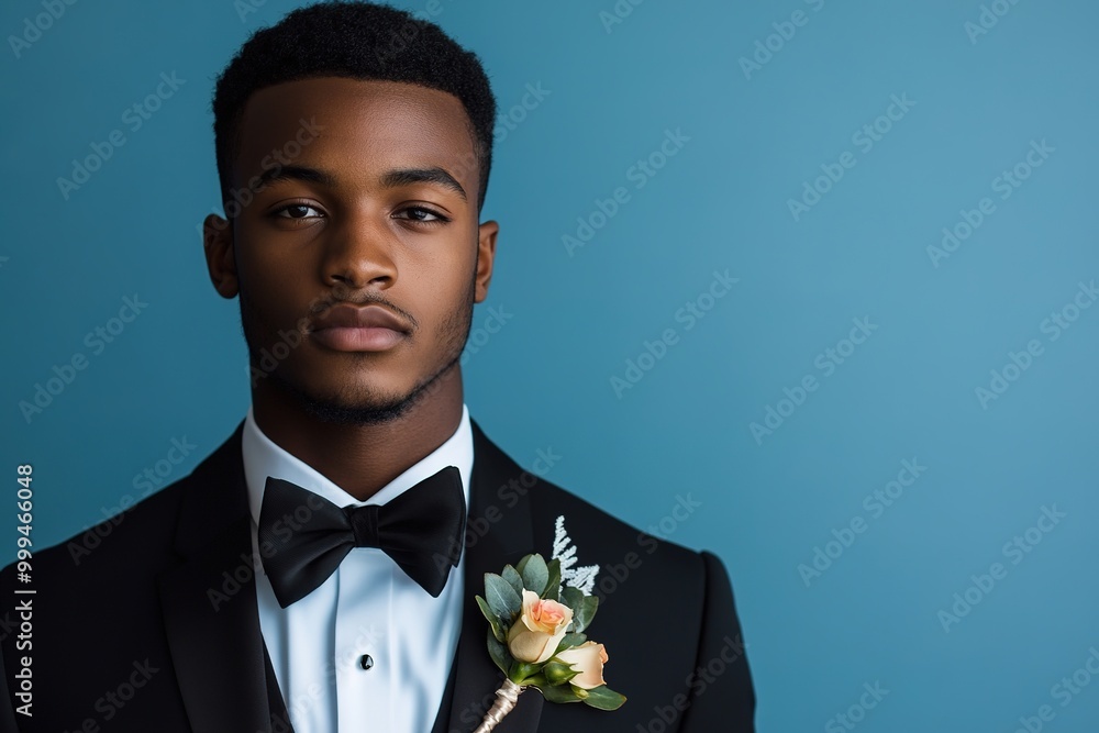 Young man in suit with boutonniere, confident look Young man in suit with boutonniere, confident look