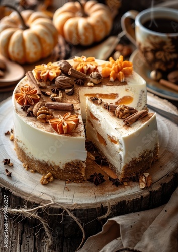 Cream cheese cake with small pumpkins on top, placed on a wooden board. Comforting autumn food.