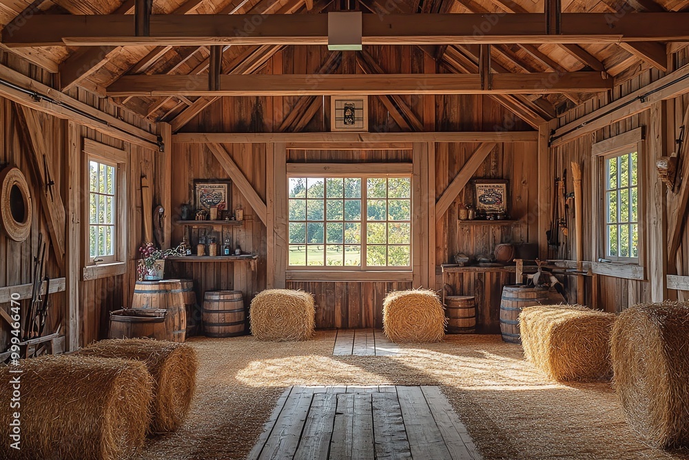 A rustic wooden barn interior with hay bales and barrels. The room has large windows with a view of trees and a grassy field.