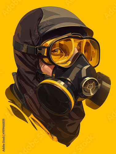 A close-up of a person wearing a gas mask, goggles, and black hoodie against a bright yellow background. photo