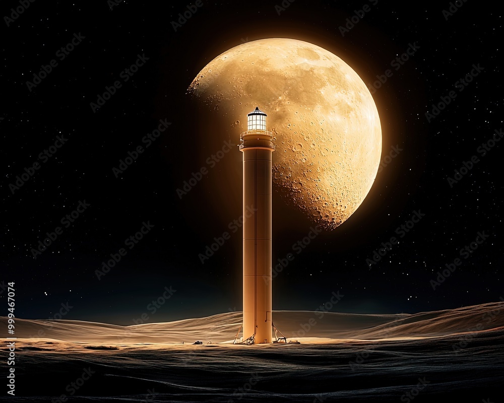 Illuminated Lighthouse Under a Stunning Moonlight Sky Illuminated Lighthouse Under a Stunning Moonlight Sky