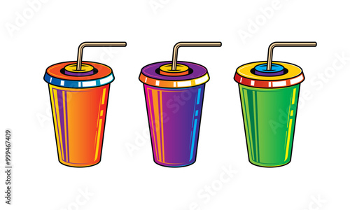 Fast food plastic cup with straw. Hot or cold drink. Original vector illustration in vintage style.