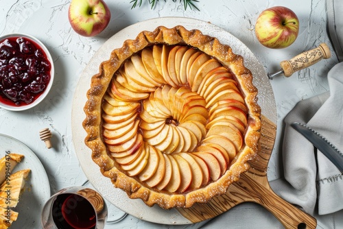 authetic food photo of apple tart with imprefect hand made texture, on a wooden board. photo