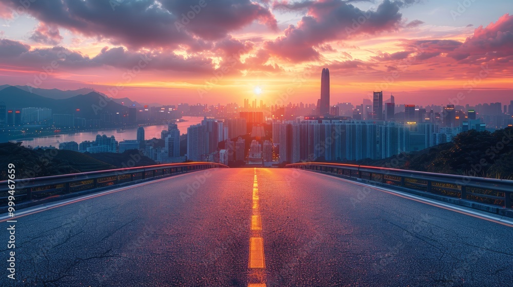 Asphalt road and bridge with city skyline sunset Asphalt road and bridge with city skyline sunset