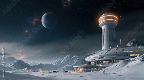 Fototapeta Naklejka Na Ścianę i Meble -  Futuristic Space Station on a Frozen Planet