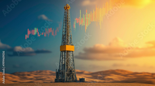 An advanced oil rig stands tall in the middle of a futuristic desert, with digital stock market data floating in the sky, reflecting the volatile energy markets and resource exploration.