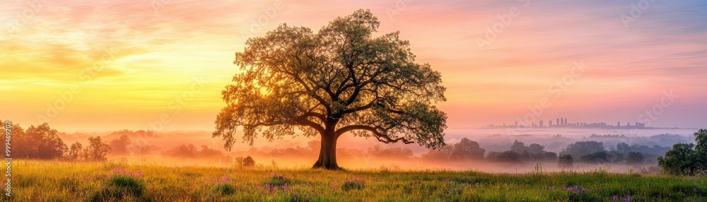A stunning sunrise landscape featuring a solitary tree silhouetted against a colorful sky and misty fields. A stunning sunrise landscape featuring a solitary tree silhouetted against a colorful sky and misty fields.