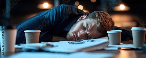 Overworked employee slumped at a desk with empty coffee cups and messy paperwork, dim ambient light, Survivor s guilt, workforce reduction photo