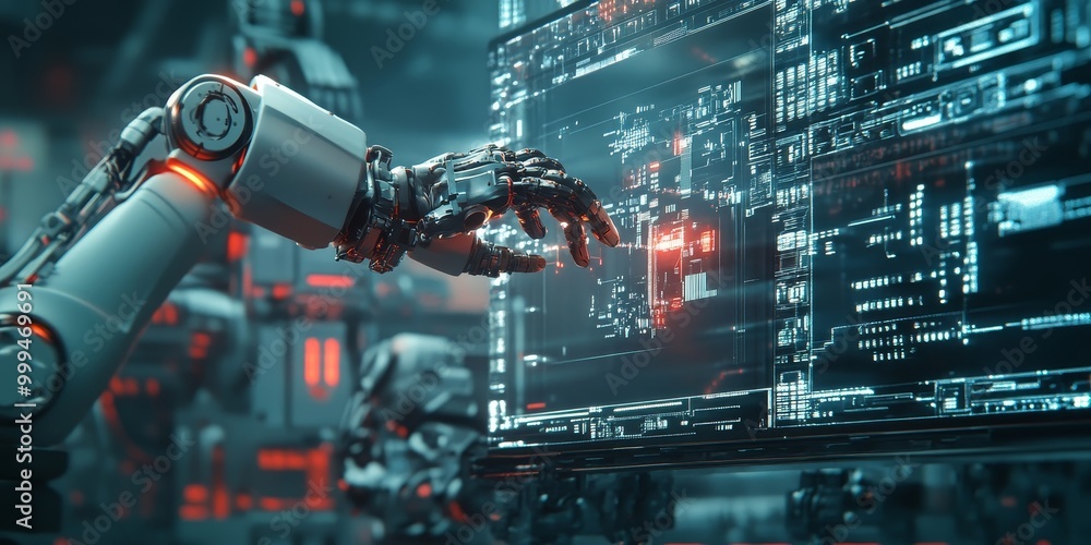 Detailed view of an AI-driven industrial system, where robots collaborate efficiently under AI guidance, delivering high precision. Detailed view of an AI-driven industrial system, where robots collaborate efficiently under AI guidance, delivering high precision.