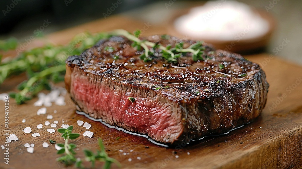 A perfectly cooked steak resting atop a rustic cutting board alongside a fresh parsley sprig A perfectly cooked steak resting atop a rustic cutting board alongside a fresh parsley sprig