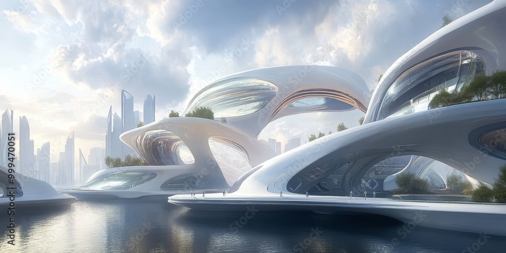 Fototapeta premium Futuristic architecture with sci-fi elements, featuring robotic systems, smart technology, and a sleek, high-tech design.