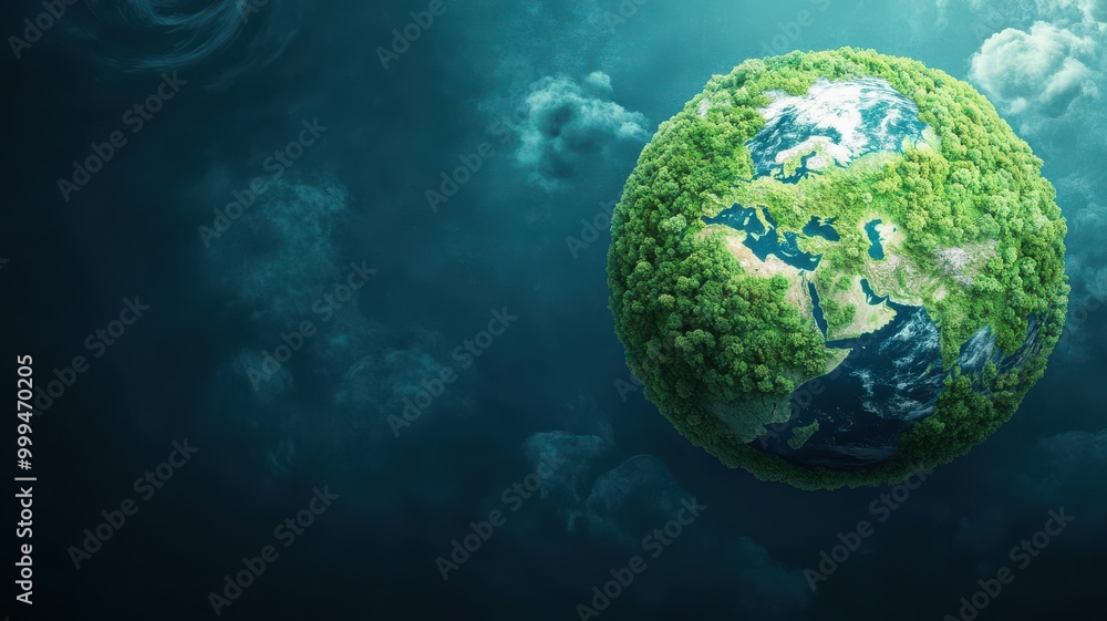 A vibrant and lush representation of Earth, showcasing greenery and sustainability amidst a serene blue backdrop. A vibrant and lush representation of Earth, showcasing greenery and sustainability amidst a serene blue backdrop.