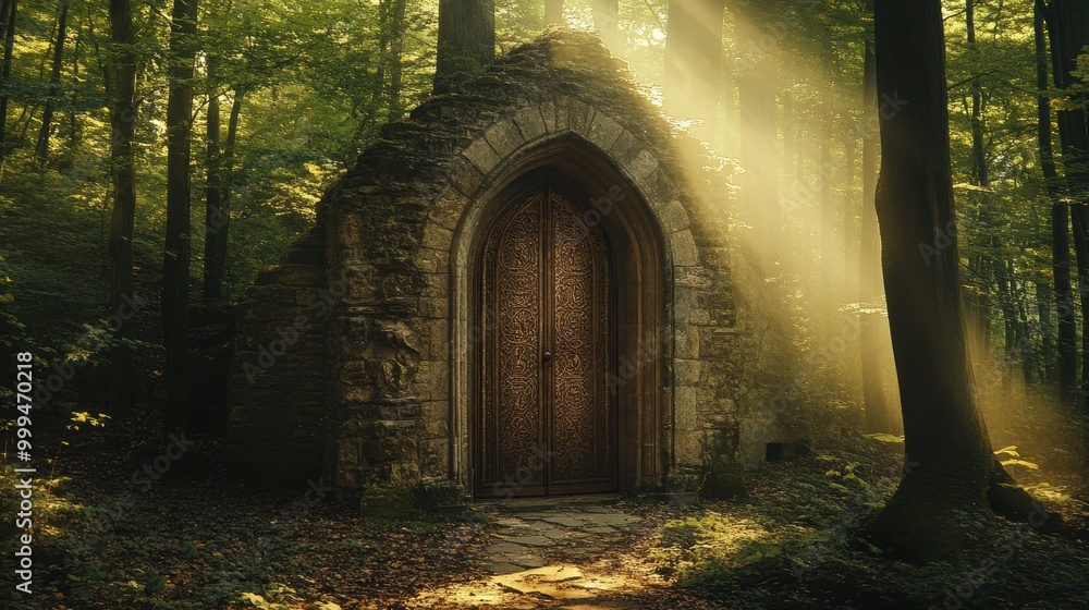 Fototapeta premium Enigmatic Archway with Ornate Door in Forest Setting