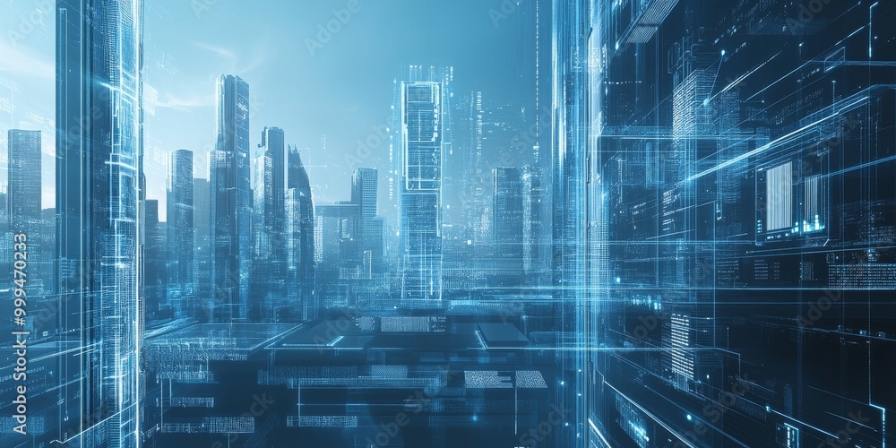A detailed view of smart building technology in a futuristic city, showcasing robotic construction, AI systems, and modern design. A detailed view of smart building technology in a futuristic city, showcasing robotic construction, AI systems, and modern design.
