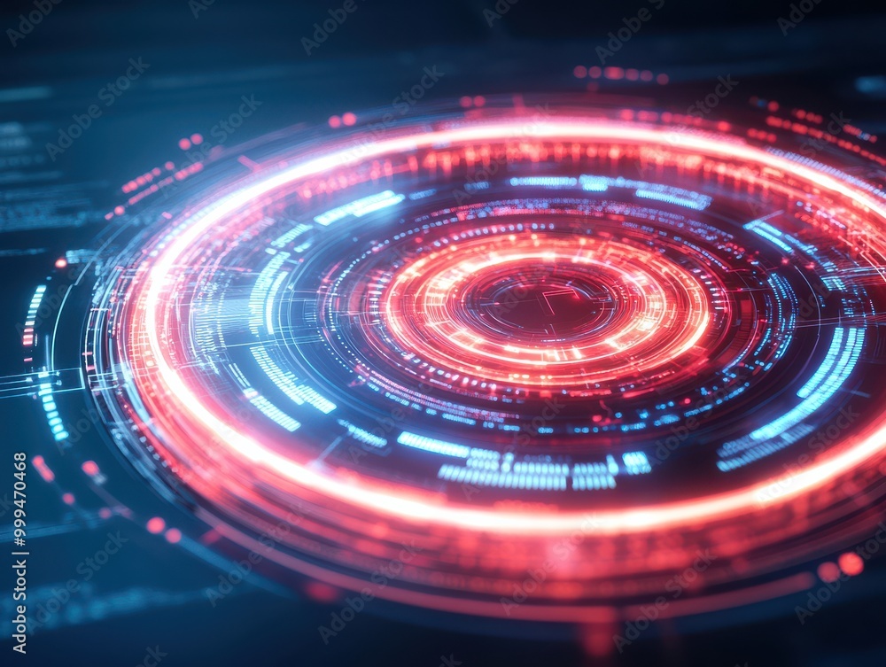Obraz premium A vibrant digital interface featuring a glowing circular design, showcasing advanced technology and futuristic elements.