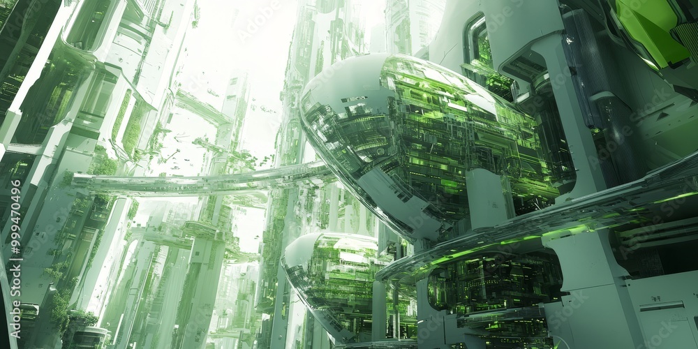 Obraz premium a visionary building design in a futuristic city, featuring robotic elements, AI integration, and sleek architectural aesthetics.