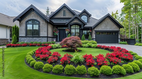 Beautiful backyard landscape design in the garden,Some flowers and nicely trimmed bushes on the leveled front yard 